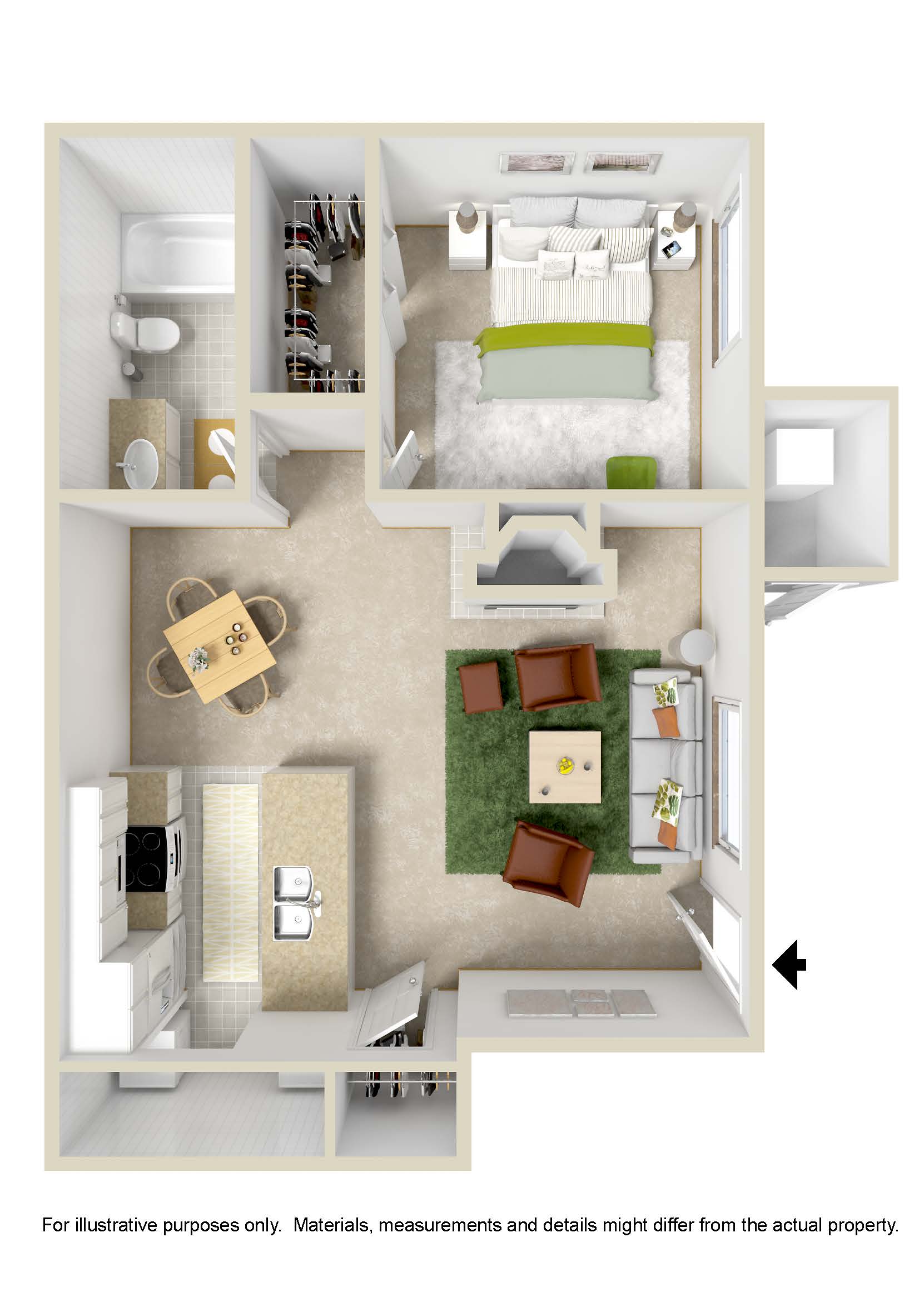 Floor plan for 1 bed, 1 bath, 693 sqft